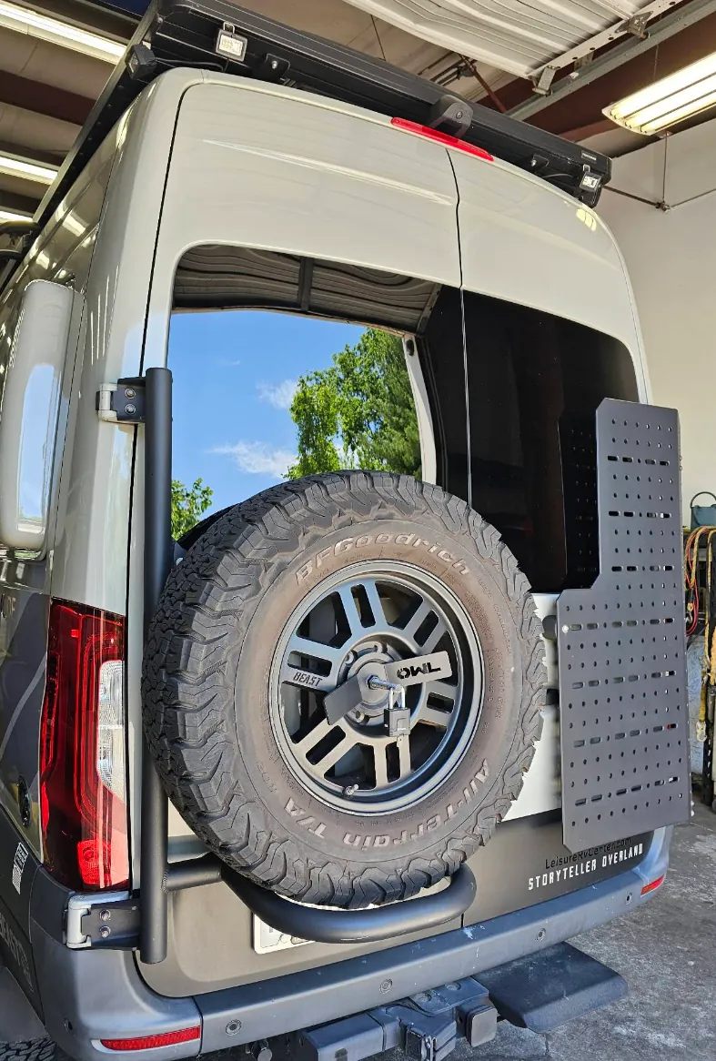 Overland-equipped Mercedes Sprinter van in the shop